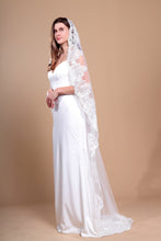 Load image into Gallery viewer, EVELYN - single layer floor length lace edged mantilla veil