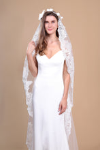 Load image into Gallery viewer, EVELYN - single layer floor length lace edged mantilla veil