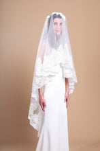 Load image into Gallery viewer, EVELYN - single layer floor length lace edged mantilla veil