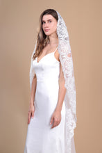 Load image into Gallery viewer, EVELYN - single layer floor length lace edged mantilla veil