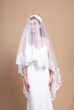 Load image into Gallery viewer, EVELYN - single layer floor length lace edged mantilla veil
