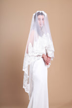 Load image into Gallery viewer, EVELYN - single layer floor length lace edged mantilla veil