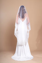 Load image into Gallery viewer, EVELYN - single layer floor length lace edged mantilla veil