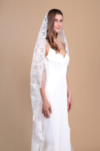 Load image into Gallery viewer, EVELYN - single layer floor length lace edged mantilla veil
