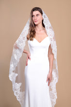 Load image into Gallery viewer, EVELYN - single layer floor length lace edged mantilla veil