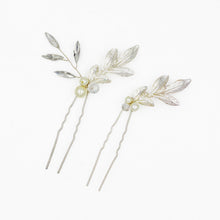 Load image into Gallery viewer, Silver Leaf Gem Pearl Hair Pin Duo pack
